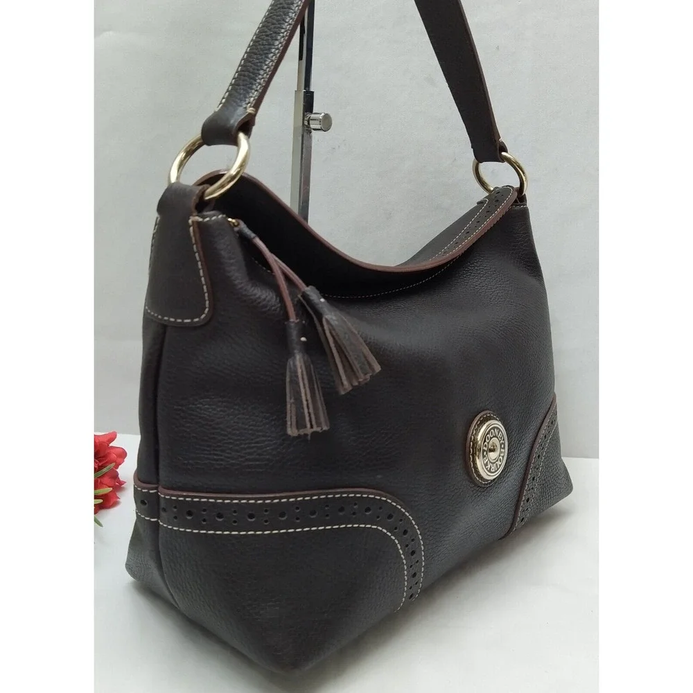 Dooney & Bourke Brown Pebbled Leather Round Logo Zipper Hobo Shoulder Bag